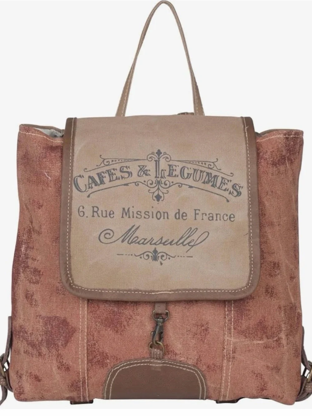 Myra Vintage-Inspired Brown Canvas Backpack Tote - Cafe & Legumes